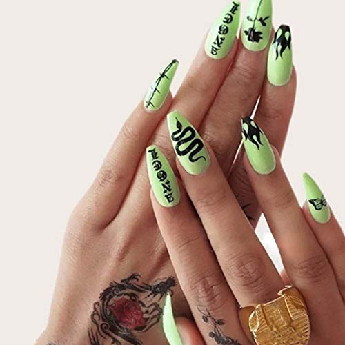 Vogee Fashion Glossy 24Pcs Flame Coffin Square Full Cover Acrylic Fake Nails Tips Party Night Club Clip Press on Acrylic False Nails Kits with Design for Women and Girls (Neon Green)
