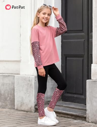Image of PATPAT Little Girls Clothes Crew Neck Leopard Color Block Sweatshirt and Leggings Girls Outfits Size 4-12Y