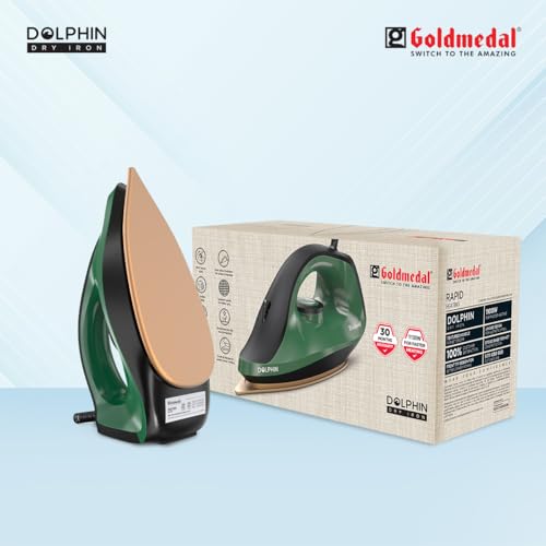 Image of Goldmedal Dolphin 1100W Dry Iron| Non-stick Weilburger Premium Coated Soleplate | iron for clothes | 5 Fabric Setting| Broad Base for Hot zone Protection | Shock-Proof Body (Green- Black)