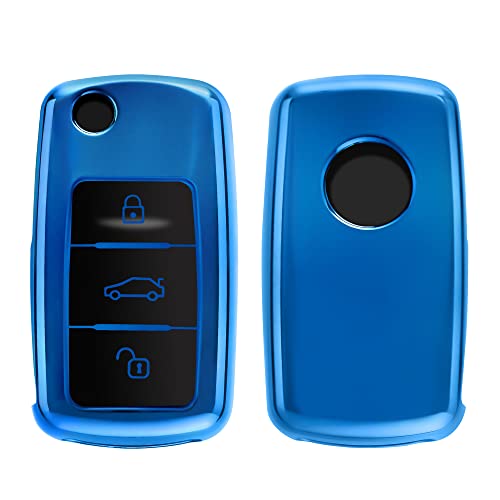 kwmobile 対応: VW Skoda Seat 3-ボタン 車のキー ケース - シリコン キーケース 光沢仕上げ - 車鍵 保護 光沢 青色