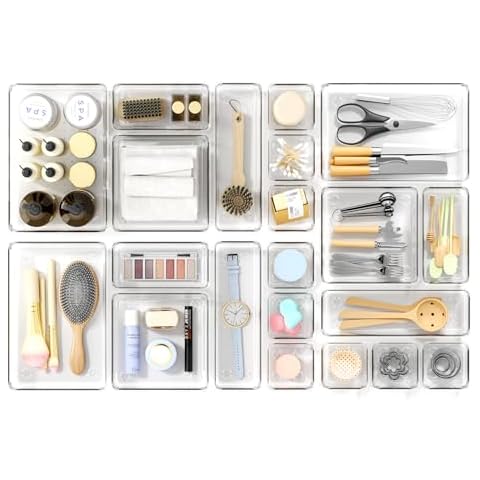 Santiccipa Drawer organizer bathroom, Clear plastic trays, Suitable for desk, kitchen,office, and nightstand, used for storing drawing supplies, makeup, vanity items, and stationery, 21pcs Cover