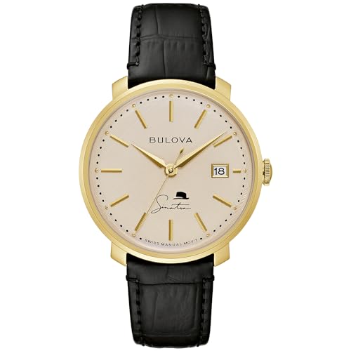 Bulova Men's Frank Sinatra The Best is Yet to Come Mechanical Self-Wind Gold Dial with Black Textured Leather Strap, Exhibition Caseback, White Textured Dial Model: 97B195