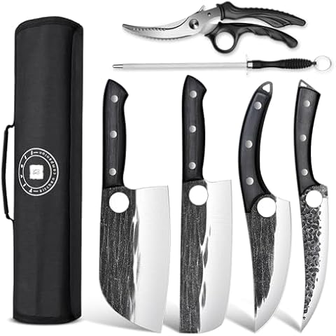 TIVOLI Professional Butcher Knife Set for Meat Processing, 7Pcs High Carbon Steel Hand Forged BBQ Knife Set, Serbian Chef Knife Set with Ergonomic Handles for Kitchen Outdoor Cooking Father's Day Gift Cover