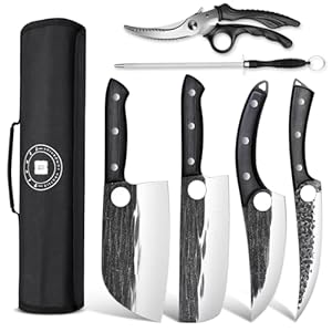 TIVOLI Professional Butcher Knife Set for Meat Processing, 7Pcs High Carbon Steel Hand Forged BBQ Knife Set, Serbian Chef Knife Set with Ergonomic Handles for Kitchen Outdoor Cooking Father’s Day Gift
