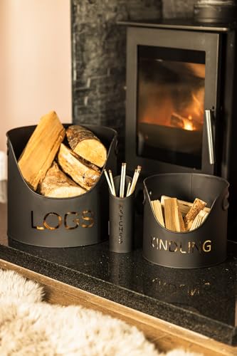 Marco Paul 3pc Log Basket Kindling Wood Bucket And Matchsticks Holder Set Heavy Duty Metal Fireplace Accessories Large Log Baskets For Wood Burner Indoor Small Kindling Bucket Large Matches Holder