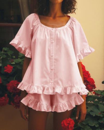 Image of Womens Ruffle Pajama Set Short Sleeve Button Down Top and Shorts | Cotton Ruffle Pajamas Set, Ruffle Shorts Set Women, 2 Piece Shorts Set for Women