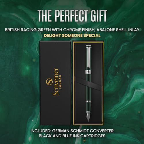 Scriveiner Füller Grün - britisches Renngrün, toller Luxus Füllfederhalter, Chromausführung, medium Schmidtfeder, bestes Schreib-Geschenkset für Mann & Frau, Profi, Chef, Büro, Schreibgeräte Green