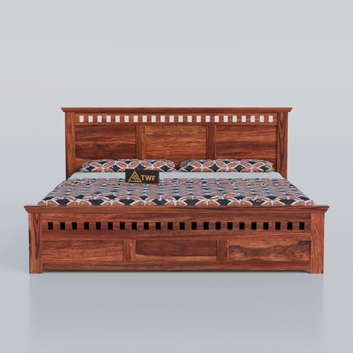 Image of Solid Sheesham Wood King Size Bed with Storage Box | Wooden Double Bed for Bedroom | Kuber Design Double Bed Cot Palang for Home | Rosewood, Honey Finish