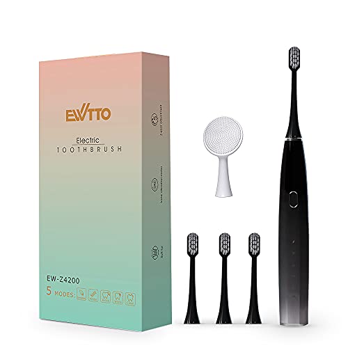 EWTTO Electric Toothbrush Powerful Sonic Clean, Whiten Toothbrush with Smart Timer, 5 Modes, 4 Brush Heads & 1 Facial Cleansing Brush, IPX7 Waterproof Electric Toothbrushes for Adults & Kids (Black)