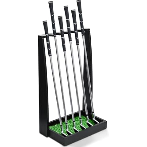 Lenwen Wooden Golf Putter Stand Indoor Display Rack Golf Club Rack Golf Club Holder Natural Wood Golf Club Stand for Storage Sports Outdoors Wall Garage (Black,Holds 6 Clubs) Cover
