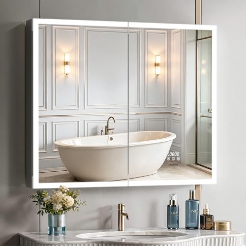 ACEMIRO 36"×30" Lighted Medicine Cabinet with Mirror, Surface or Recessed Bathroom Mirror Medicine Cabinet with Clock & Temp Display, Defogger, Dimming, Built-in Outlet & USB Ports, Double Door
