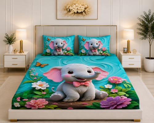 Image of 7D Digital Printed King Size Bedsheet | 240TC Premium Cotton Feel Microfiber with 2 Pillow Covers | Soft Breathable & Wrinkle Free Bedding Set | (Elephant, King Size-90x100 Inch)