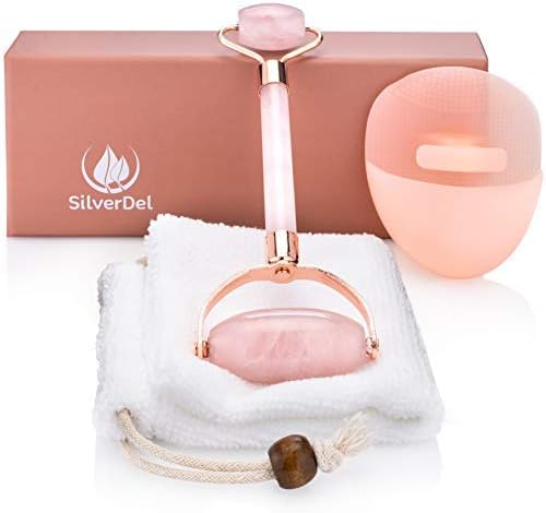 3 in 1 Anti Aging Rose Quartz Roller Therapy Kit by SilverDel - Rose Quartz Massage Roller, Silicone Facial Cleansing Brush and Terry Cloth Storage Pouch