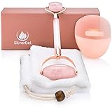 3 in 1 Anti Aging Rose Quartz Roller Therapy Kit by SilverDel - Rose Quartz Massage Roller, Silicone Facial Cleansing Brush and Terry Cloth Storage Pouch