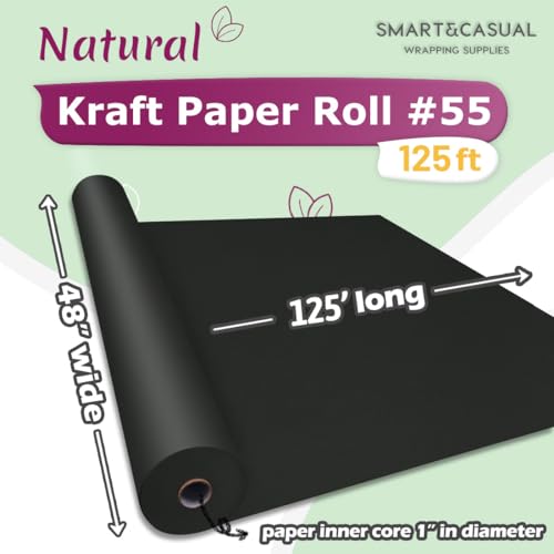 Image of SMART&CASUAL 48 inch x 1,500 inch (125') Black Kraft Craft Paper Roll for Gift Wrapping Bulletin Board Bouquet Flower Art Packing Parcel Table Covering 80GSM 55LB (Black, 48 inch x 125')