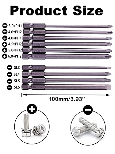 image for Rocaris 10pcs 1/4 Inch Hex Shank Long Magnetic Screwdriver Bits Set 4 