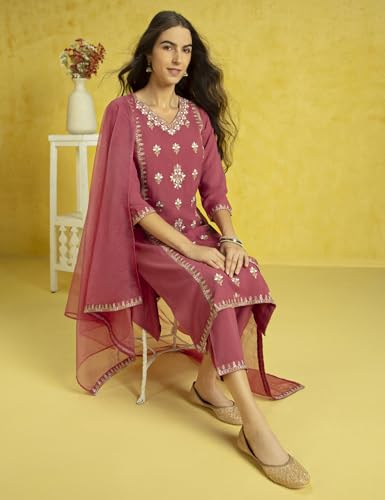Image of Kaari Women's Embroidered Kurta Set with Dupatta - Festive Kurta Set for Women Polyester