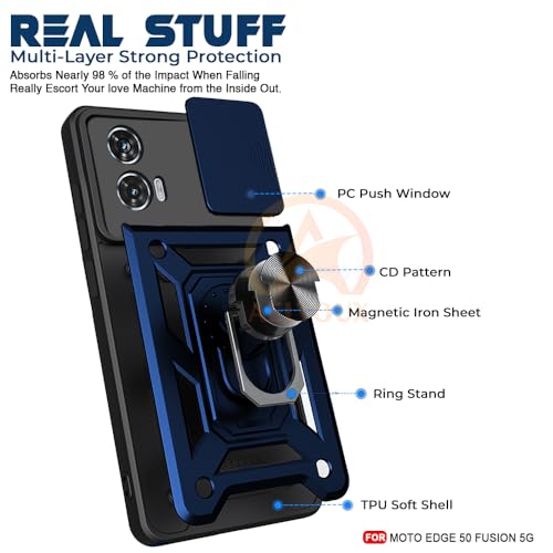 Image of Armor Bumper Back Cover Case for Moto Edge 50 Fusion 5G Rotating Camera Cover, Ring Holder & Kickstand | Heavy Duty & 360 Degree Protection Moto Edge 50 Fusion 5G Back Cover (Blue)