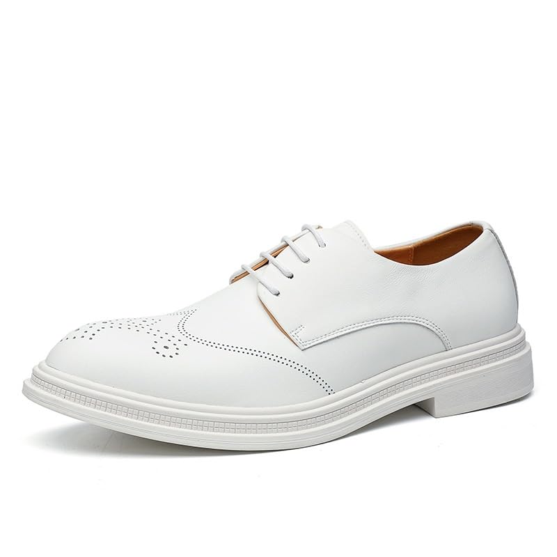Men's White Oxford Shoes Classic Embossing Lace-Up Pointed Toe Formal Dress Modern Brogue Business Shoes
