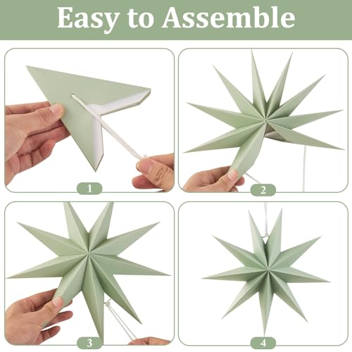 SUNBEAUTY Sage Green 9-Pointed 12 Inch Paper Star Lanterns Christmas Hanging Lamp Paper Decorations Shade Wedding Birthday Christmas Home Party Decorations - Image 2