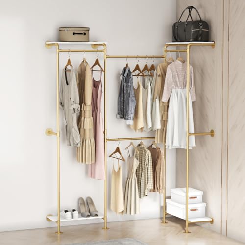 KaKaBB Industrial Pipe Clothing Rack, Adjustable Gold Corner Clothes Rack with Shelves, Wall Mounted Clothing Rack for Hanging Clothes, Closet System for Walk in Closets(GOLD)