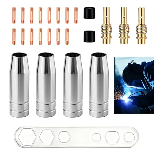 25 Piezas Accesorios Soldadura MIG MAG, Boquillas Gas Soldadura MB15AK, Compatible con Antorchas MB15AK, Incluye Boquillas de Gas, Puntas de Contacto M6 0,8 mm, Difusores, Aisladores, Llave de Montaje