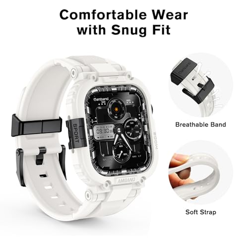 Image of amBand 46mm for Apple Watch Series 11 /10 Band Case Men, M1 Sport Rugged Heavy Duty Cover Tactical Strap Military Grade Protective Bumper Protector for iWatch 46 mm Men - White