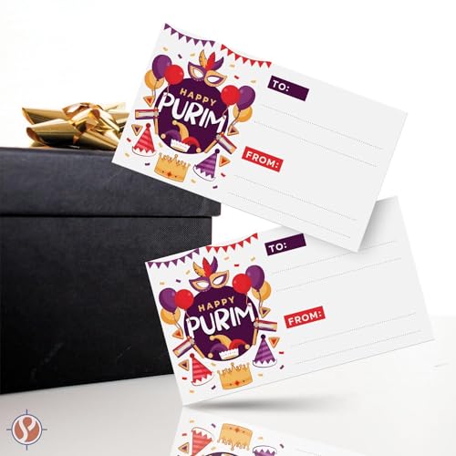 Image of Happy Purim Blank Gift Tags, 3.5 inch x 2 inch To From Jewish Holiday Religious Complimentary Greeting Note Cards for Gifts and Presents Wrapping - Business Card Size, Thick and Durable - 25 per Pack (Purple)