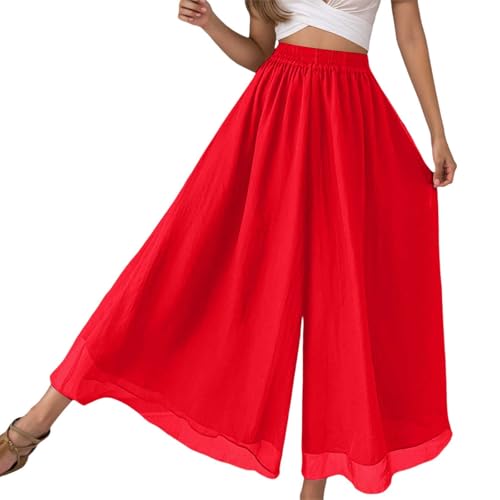 Pantalones Palazzo informales de cintura alta para mujer, pantalones de playa fluidos, verano, cintura elástica cómoda, pierna ancha, traje de gasa, rojo, M