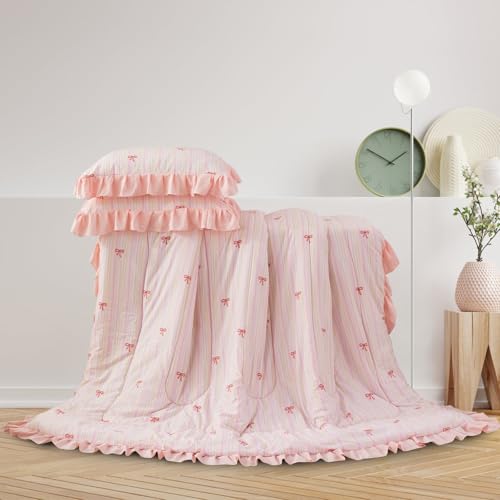 Image of A Nice Night Rainbow Stripes & Bows Bedding,6pc Ruffle Girls Twin Comforter | Princess Ruffled Seersucker Chic Design,Bed in a Bag With Sheet Sets,Light Pink Room Decor,Ultra Soft,Machine Washable