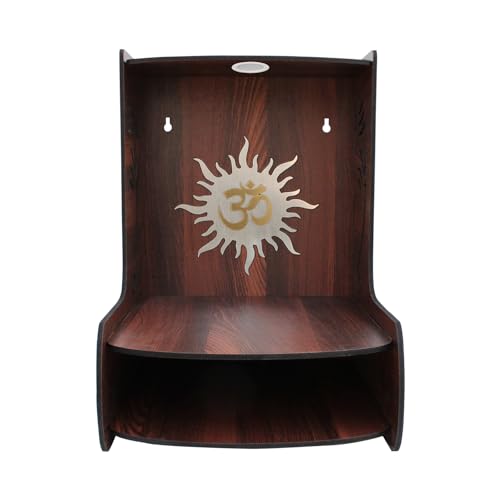 Image of Olive Tree Ethnic Wooden Pooja Mandir for Home Handcrafted Puja Stand | Wall Mounted with LED Spot Light | Mandapam, Pooja Ghar, Temple Office Decor - Walnut Size 12X12X16 Inch 1008
