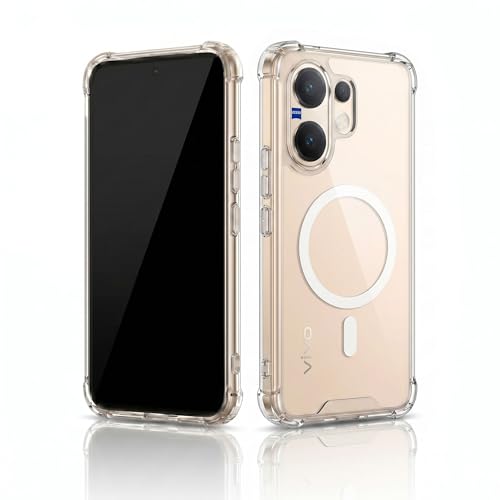 Image of amazon basics Crystal Clear Magnetic Case for Vivo V60 5G | Compatible with MagSafe Accessories | Air-Guard Corners | Shockproof TPU + Hard PC Back | Slim Transparent Protective Cover (Clear)
