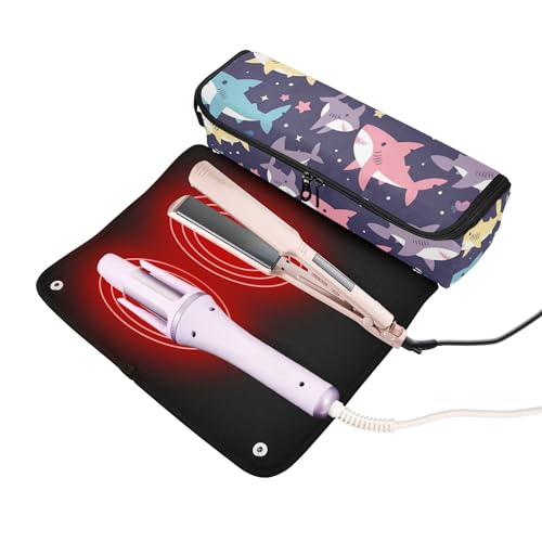 Bolso de Viaje para Herramientas para el Cabello con Alfombra Térmica, Estuche Grande para Planchas de Pelo, Rizadores y Secadores de Cabello, Diseño Divertido de Tiburones miniatura 2