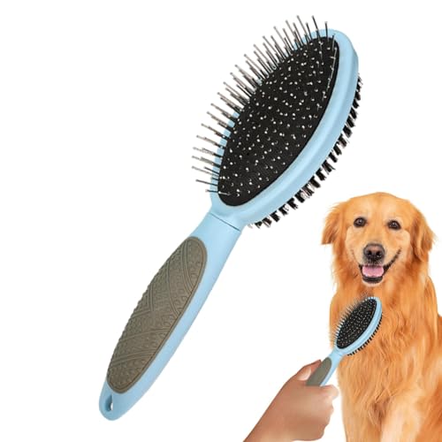 ダブルコート犬用ブラシ | 2イン1両面ピン&毛ブラシ - ポータブルペット脱毛ブラシ、ショートヘアロングヘア用ロングヘアキャットコーム ブルー