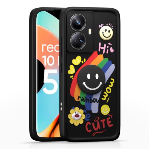 Image of Pikkme Back Cover for Realme 10 Pro Plus 5G | Soft Silicone| Cute Rainbow Smile & 3D Cartoon Flower Design | Shockproof Raised Camera Protection Bumper Case (Black)