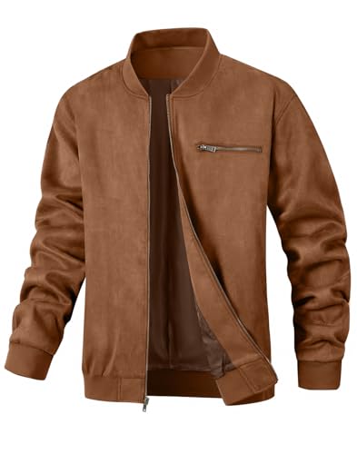 Men's Suede Bomber Jacket Casual Lightweight Vintage Jacket Varsity Coat