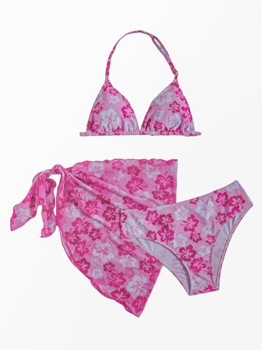Image of SOLY HUX Girl's Summer Swimsuit Set Floral Halter Triangle Bikini Set with Wrap Skirts Beachwear