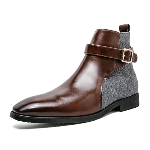 Men's Pointed Toe Slip on Chelsea Boots,Classic Leather Stitching Adjustment Buckle Retro High-top Dress Shoes Ankle Boots