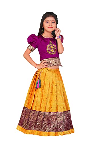 Image of New south Indian traditional pattu pavadai Jecquard Lehenga choli for girls dress
