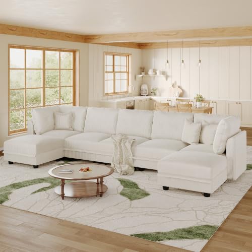 Image of LLappuil Modular Sectional Sofa with Storage, U-Shaped 7-Seat Corduroy Couch with 7 Throw Pillows, Pet-Friendly Convertible Sofa for Living Room & Apartment, Skin-Friendly, Beige