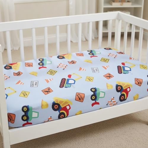 Image of Everyday Kids Baby Boy Fitted Crib Sheet, Under Construction, 100% Soft Breathable Microfiber Baby Sheet, Fits Standard Size Crib Mattress 28in x 52in, Nursery Sheet