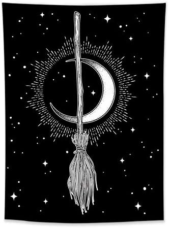 HVEST Witchy Moon Tapestry Wall Hanging Moon and Broom with Starry Night Wall Hanging Tapestry Bohemian Black and White Tapestry for Bedroom Living Room Wall Decor, 40x60 Inches