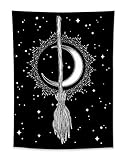 HVEST Halloween Tapestry Witch's Magic Broom Bohemian Crescent Mysterious Moon Stars Black and White Tapestry Psychedelic Hippie Wall Tapestries For Living Room Bedroom Dorm Home Decor 40X60 Inch