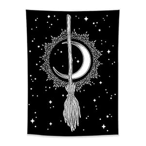 Hvest halloween tapestry witchs magic broom bohemian crescent mysterious moon stars black and white tapestry psychedelic hippie wall tapestries for living room bedroom dorm home decor 40x60 inch  urban country home decor