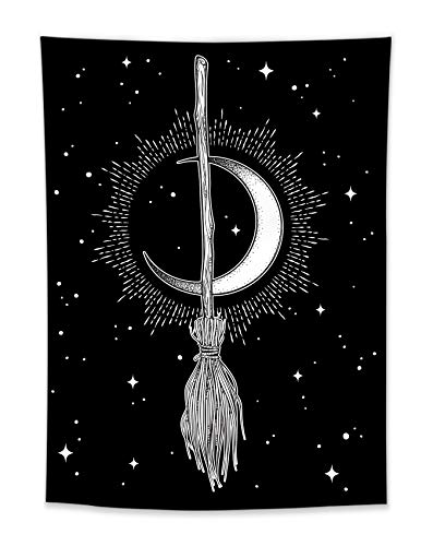 HVEST Halloween Tapestry Witchs Magic Broom Bohemian Crescent Mysterious Moon Stars Black and White Tapestry Psychedelic Hippie Wall Tapestries For Living Room Bedroom Dorm Home Decor 40X60 Inch
