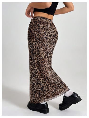 Women's Leopard Maxi Skirt Y2k Cheetah Mesh Skinny Bodycon Long Skirt2