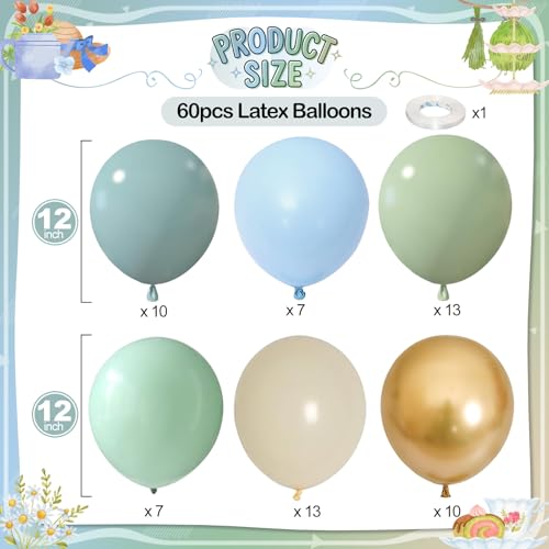 Image of Dusty Blue Green Balloons, 60 Pcs 12 Inch Haze Fog Blue Sage Green Balloons with Sand White Metallic Gold Balloon for Boho Baby Shower Wedding Birthday Engagement Bridal Shower Party Decoration