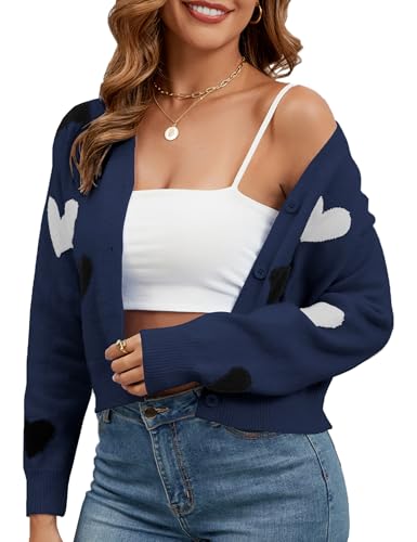 Women's Cropped Lightweight Cardigan Sweater Knit Cute Button Down Open Front Long Sleeve V Neck Top Cardigan Jacket Navy