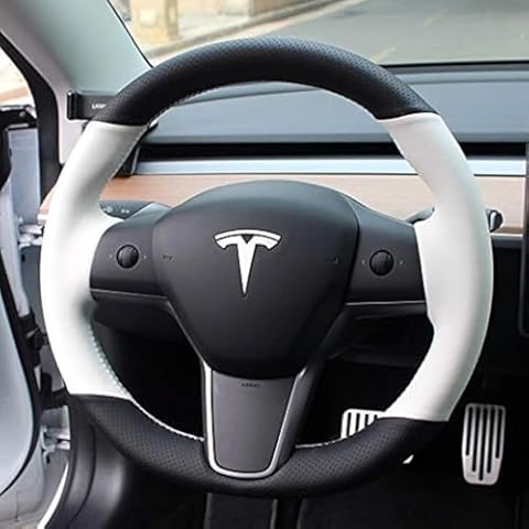 iPobootech White/Black Perforated Leather Auto Steering Wheel Cover Hand-Stitch on Wrap Fit for Tesla Model 3/Tesla Model Y (Black+White) Cover