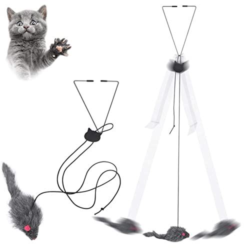 Interaktives Katzenspielzeug für Ihren Türrahmen mit 180 cm länge mit Maus als Köder | Hängendes Katzenspielzeug | Einstellbare / Elastische Haken | Tür Fenster Hängende Maus Katzen Spielzeug Cover
